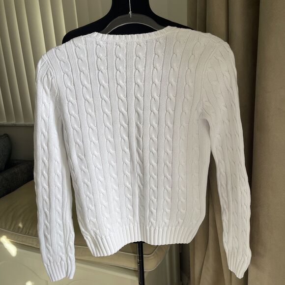 RALPH LAUREN SPORT WOMEN CABLE KNIT SWEATER V NECK COTTON White M - Picture 3 of 10